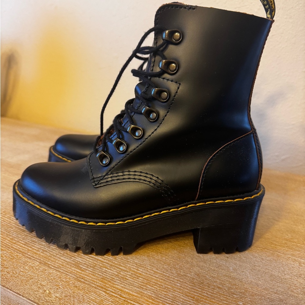 Dr. Martens Black Leather Lug-Soled Platform Combat Boots with Yellow Stitching
